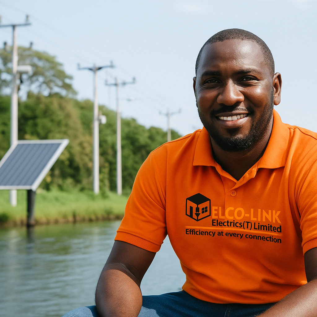 Man wearing an orange ELCO-LINK shirt by a body of water with solar panels in the background.