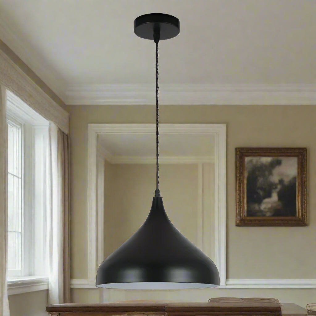 Black pendant light on a white background