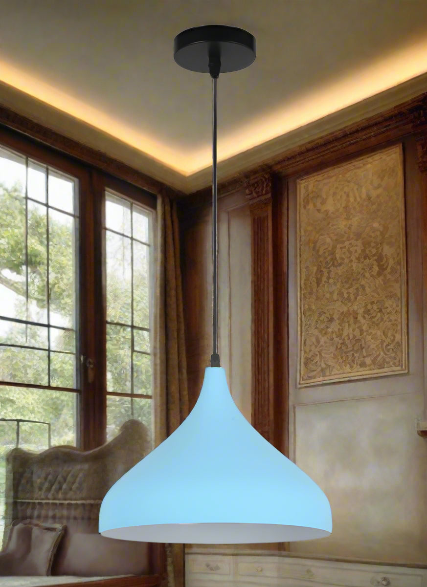 Blue pendant light with black fixture on a white background