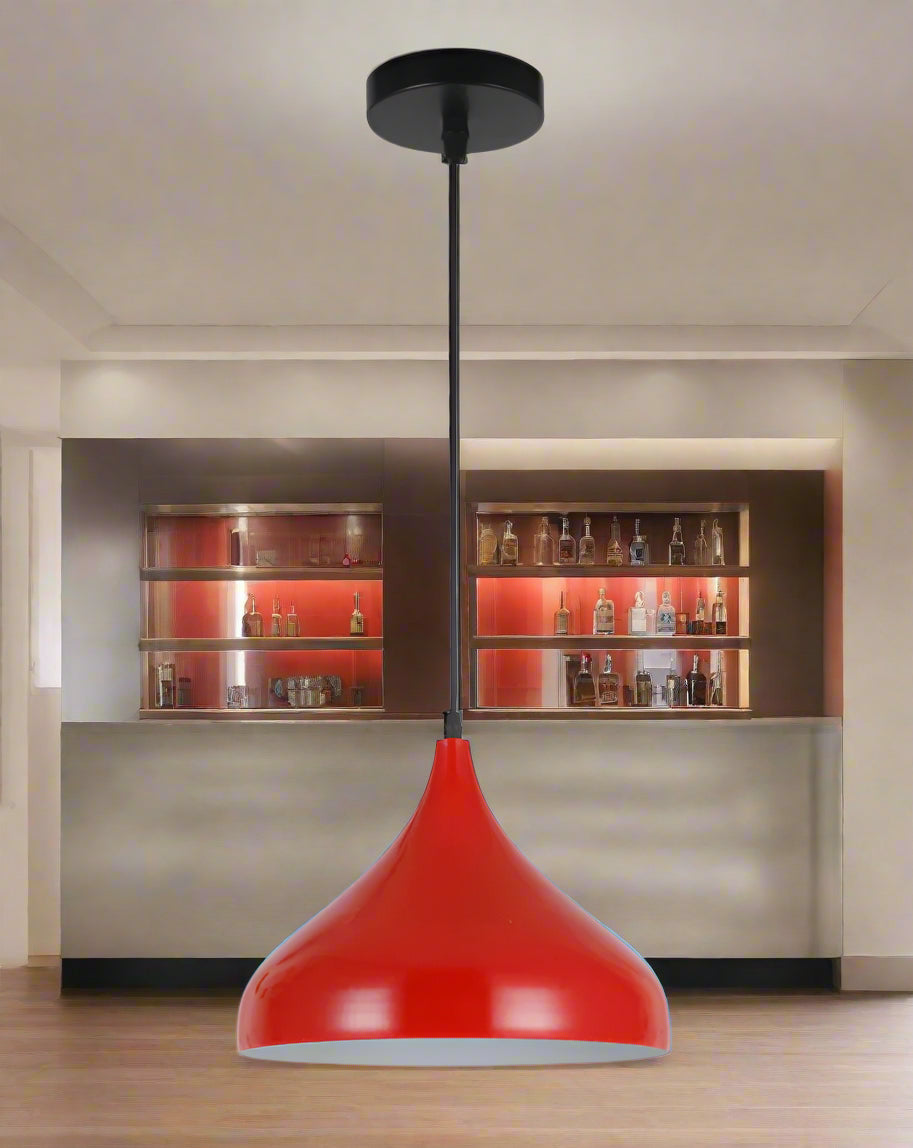 Red pendant light with black fixture on a white background