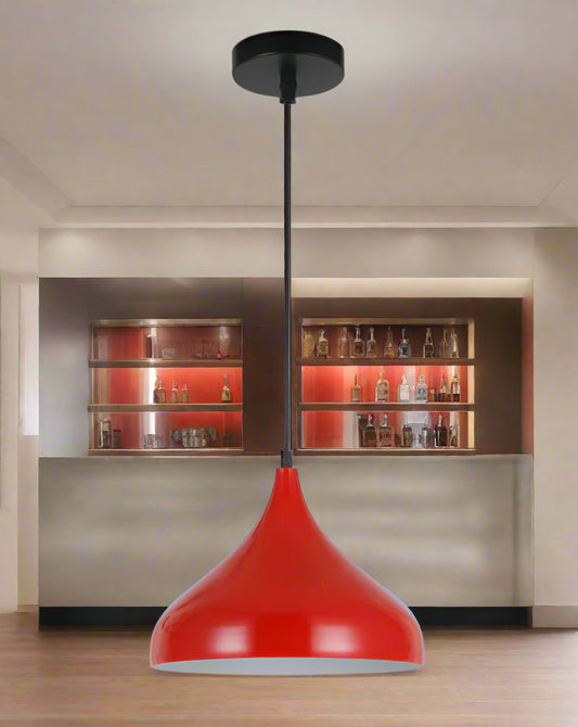 Red pendant light with black fixture on a white background