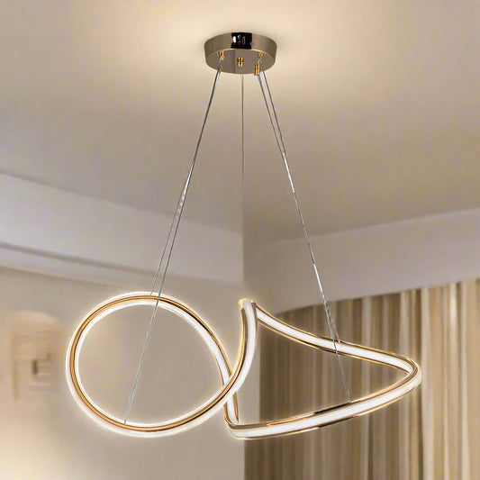 Modern pendant light with gold and white design on a white background
