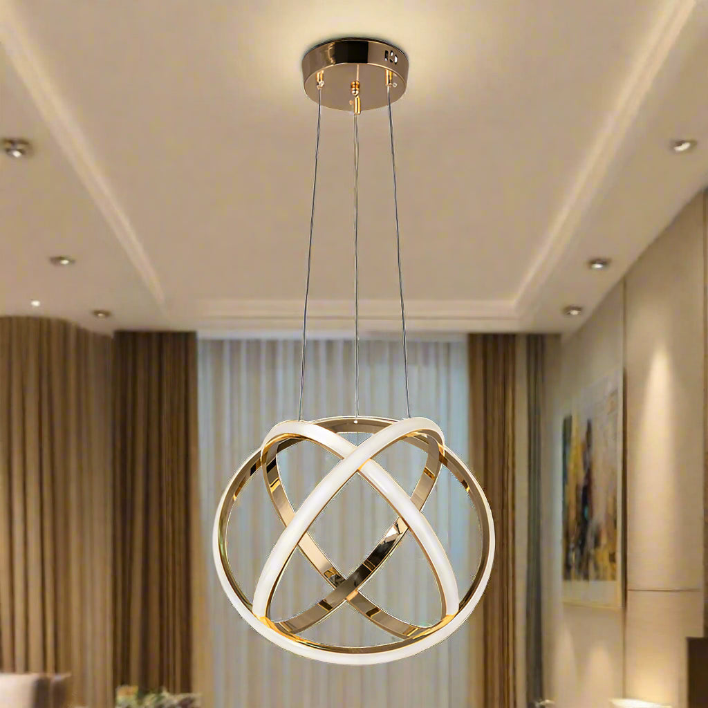Modern pendant light with gold and white design on a white background