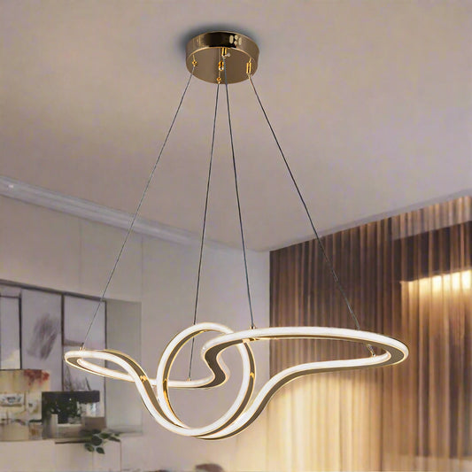Modern pendant light with gold finish on a white background