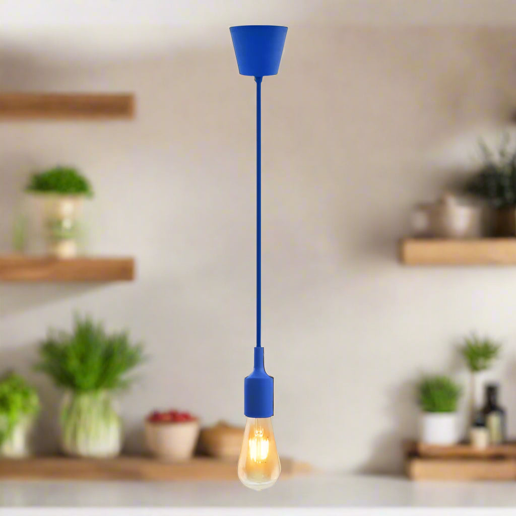 Blue pendant light with a lit bulb on a white background