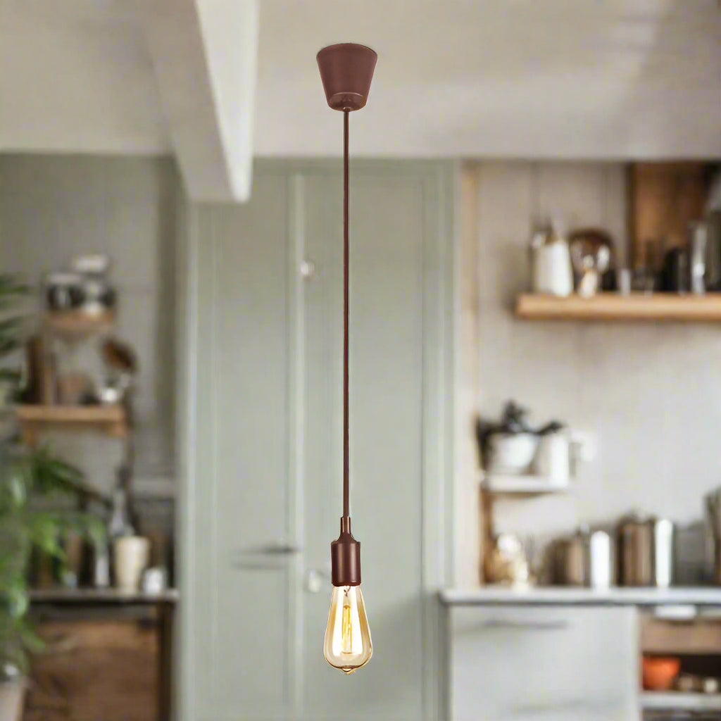 Vintage-style pendant light with a brown metal fixture on a white background