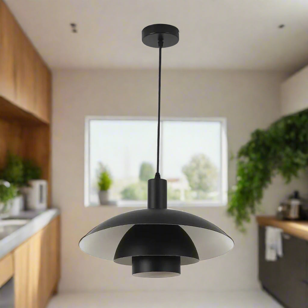 Black pendant light on a white background