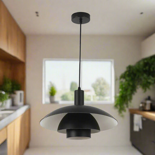 Black pendant light on a white background