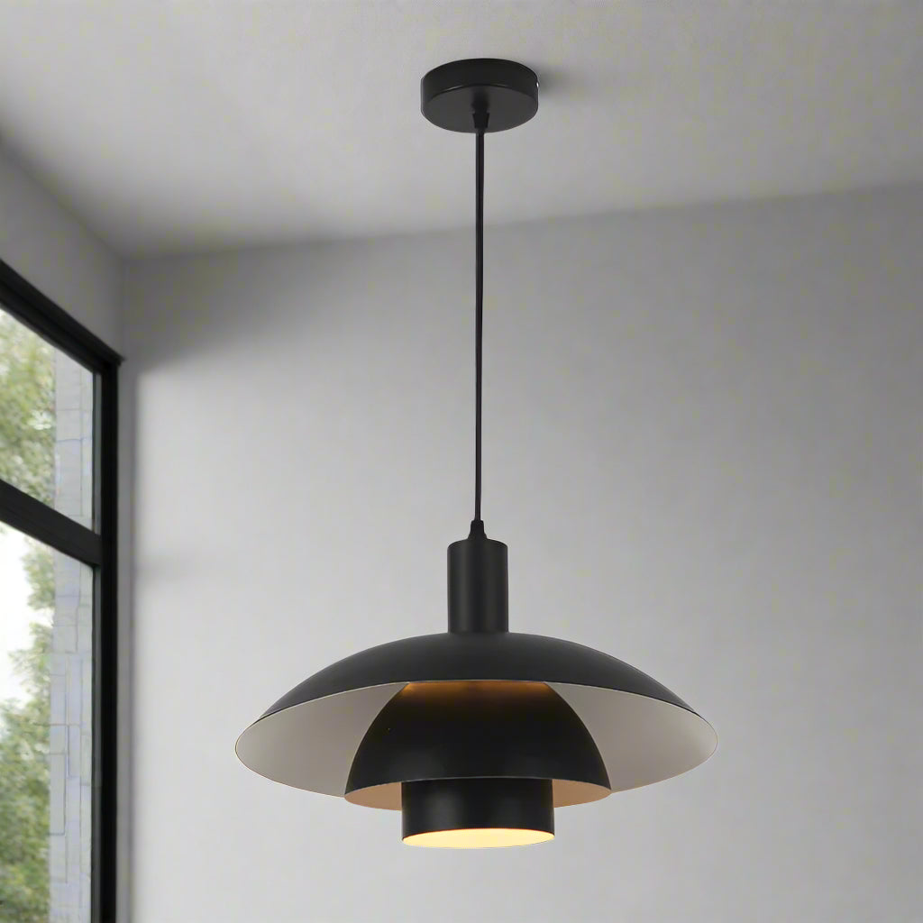 Black pendant light on a white background