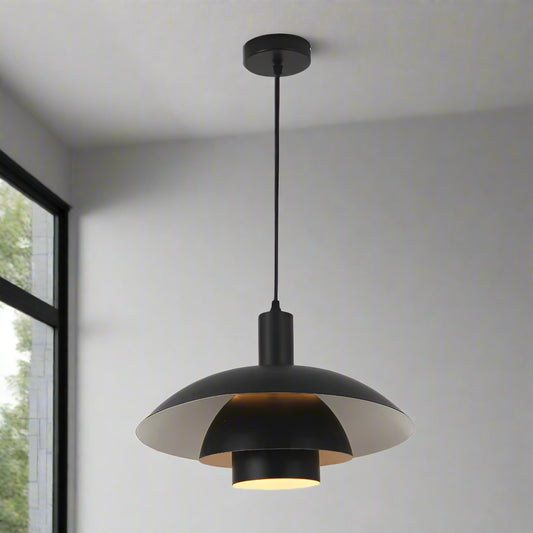 Black pendant light on a white background