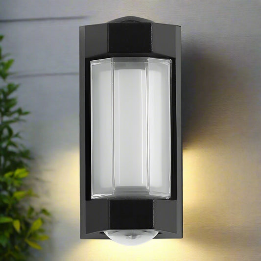 Black outdoor wall light fixture on a white background