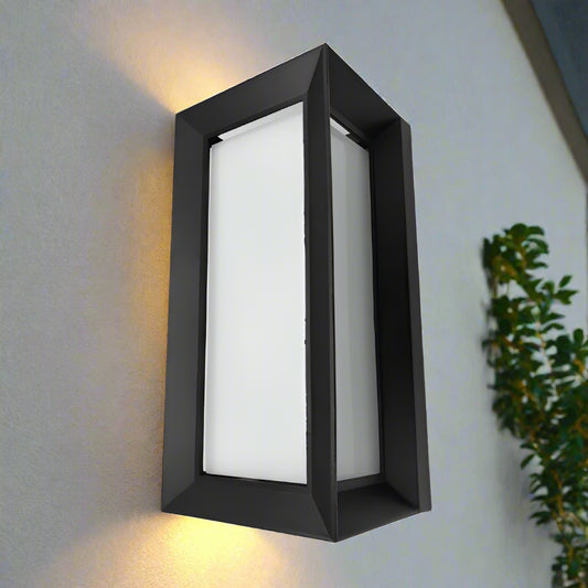 Black outdoor wall light fixture on a white background